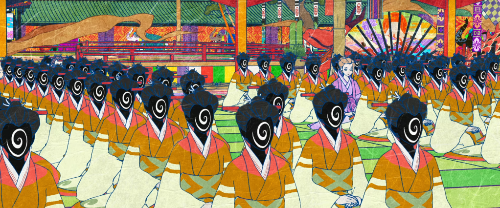 Mulheres sentadas em fileira perfeitamente alinhada com espirais no lugar de seus rostos. Com a personagem Asa triste em foco na imagem.